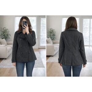 Gap Womens S Pea Coat Charcoal Grey Wool Blend Double Breasted Epaulettes Jacket